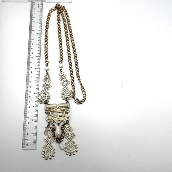 Vintage Sarah Cov Tribal Aztec White Enamel Large Pendant Necklace 36” - Picture 4 of 12